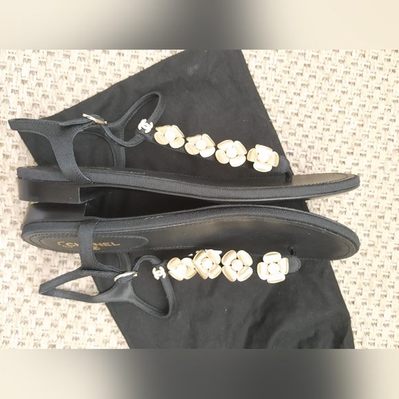 Chanel sandals ,gold tone hardware cc  camelias with pearl centre- Authentic - Picture 5 of 11